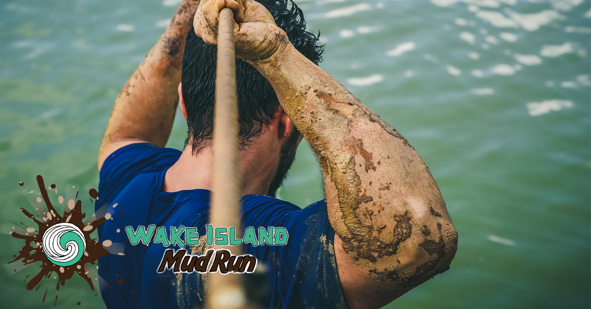 wake island mud run logo with man covered in mud walking tight rope over water