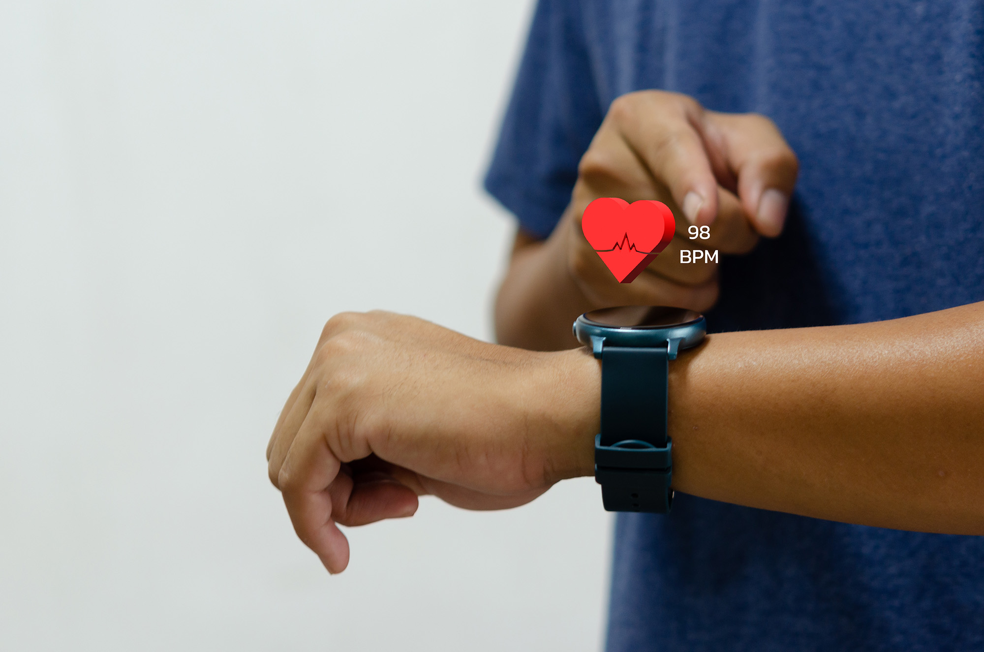 man click on smartwatch biometric heart rate digital display