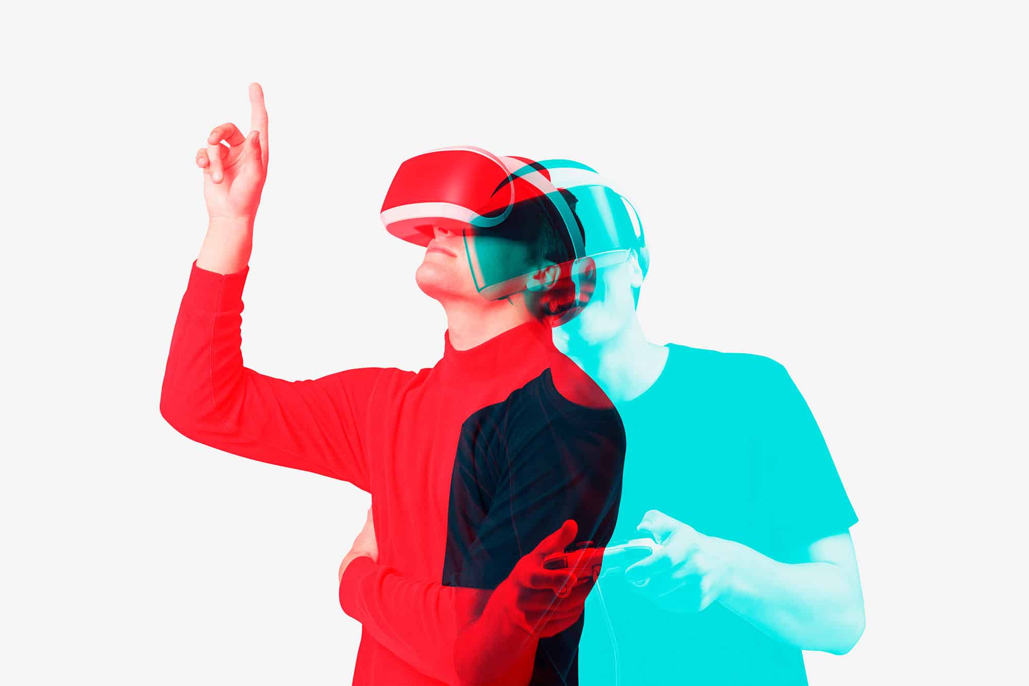 man wearing vr headset smart technology double color exposure effect optimized The State of Virtual Reality, Mixed Reality & Spatial Computing - 4 Keys - Simplified AR Augmented Reality, Business, Digital Culture, MR Mixed Reality, Spatial Computing, VR Virtual Reality, Web 3