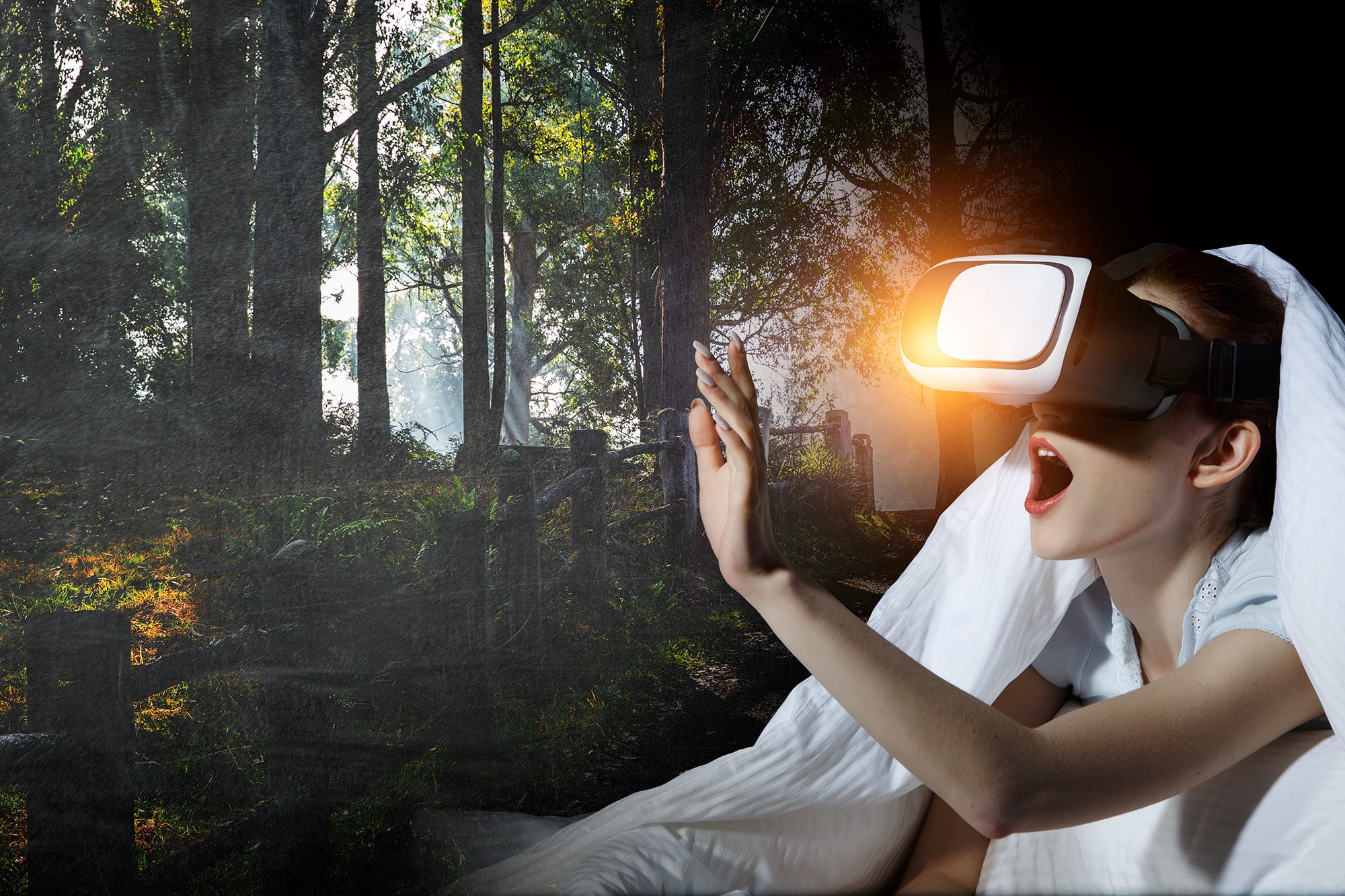 woman wearing virtual reality goggles mixed media optimized The State of Virtual Reality, Mixed Reality & Spatial Computing - 4 Keys - Simplified AR Augmented Reality, Business, Digital Culture, MR Mixed Reality, Spatial Computing, VR Virtual Reality, Web 3