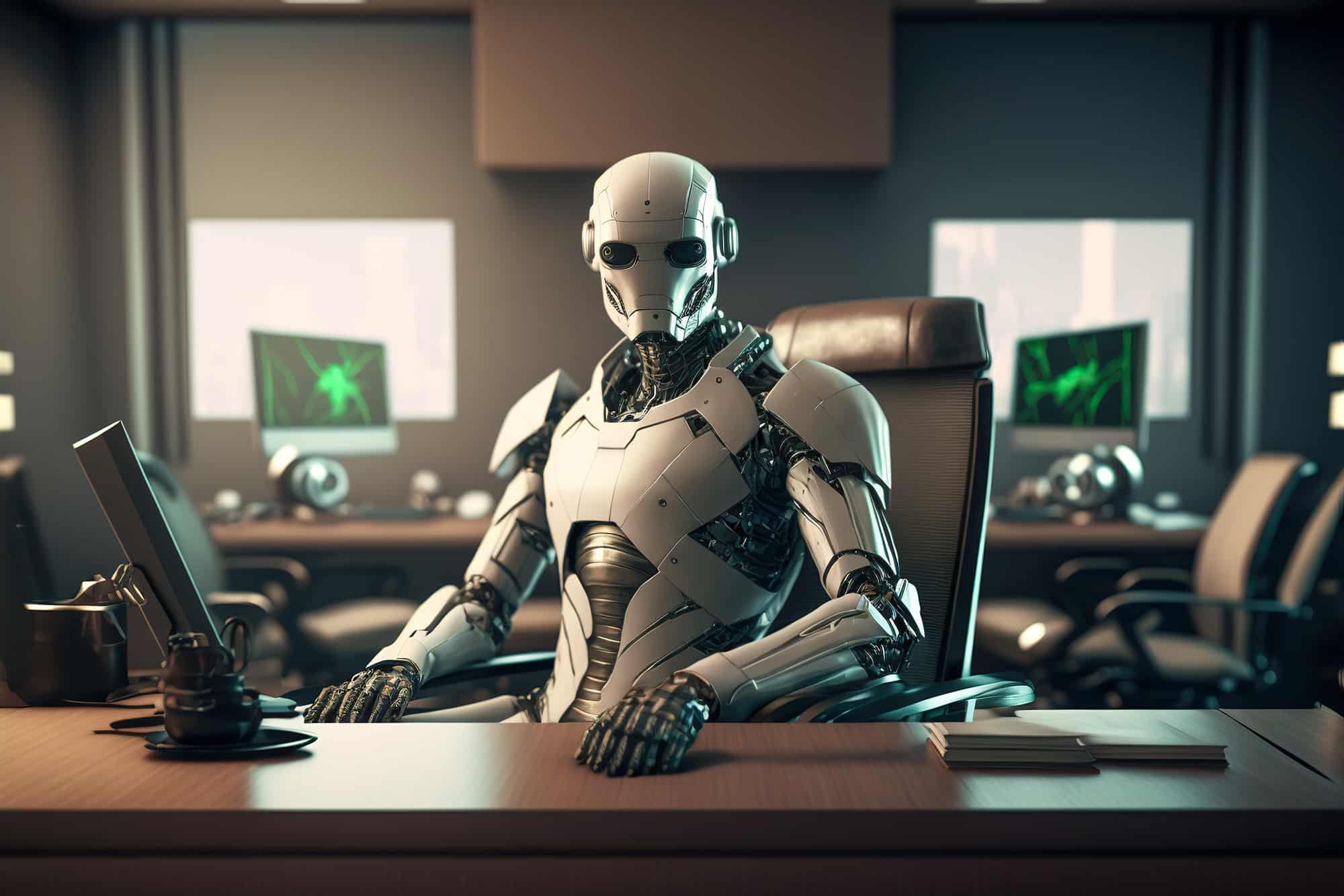 robot boss ceo sitting futuristic office ai development concept generative ai 3 Key Areas of Dysfunctional AI - Is AI Getting Raised On Bad Data or By Bad Parents? AI + Machine Learning, Business, Digital Culture, Innovation, Insights