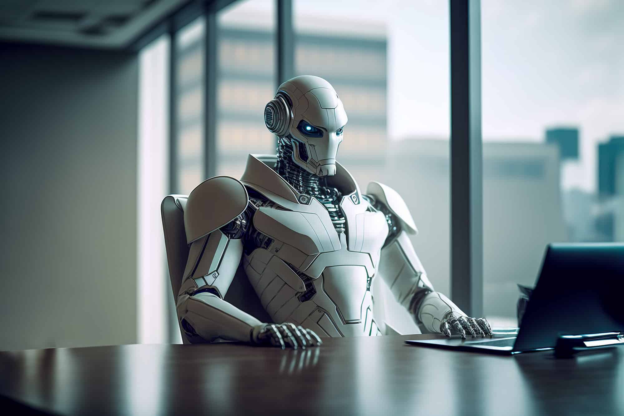 white serious ai humanoid robot ceo looking his laptop generative ai 3 Key Areas of Dysfunctional AI - Is AI Getting Raised On Bad Data or By Bad Parents? AI + Machine Learning, Business, Digital Culture, Innovation, Insights