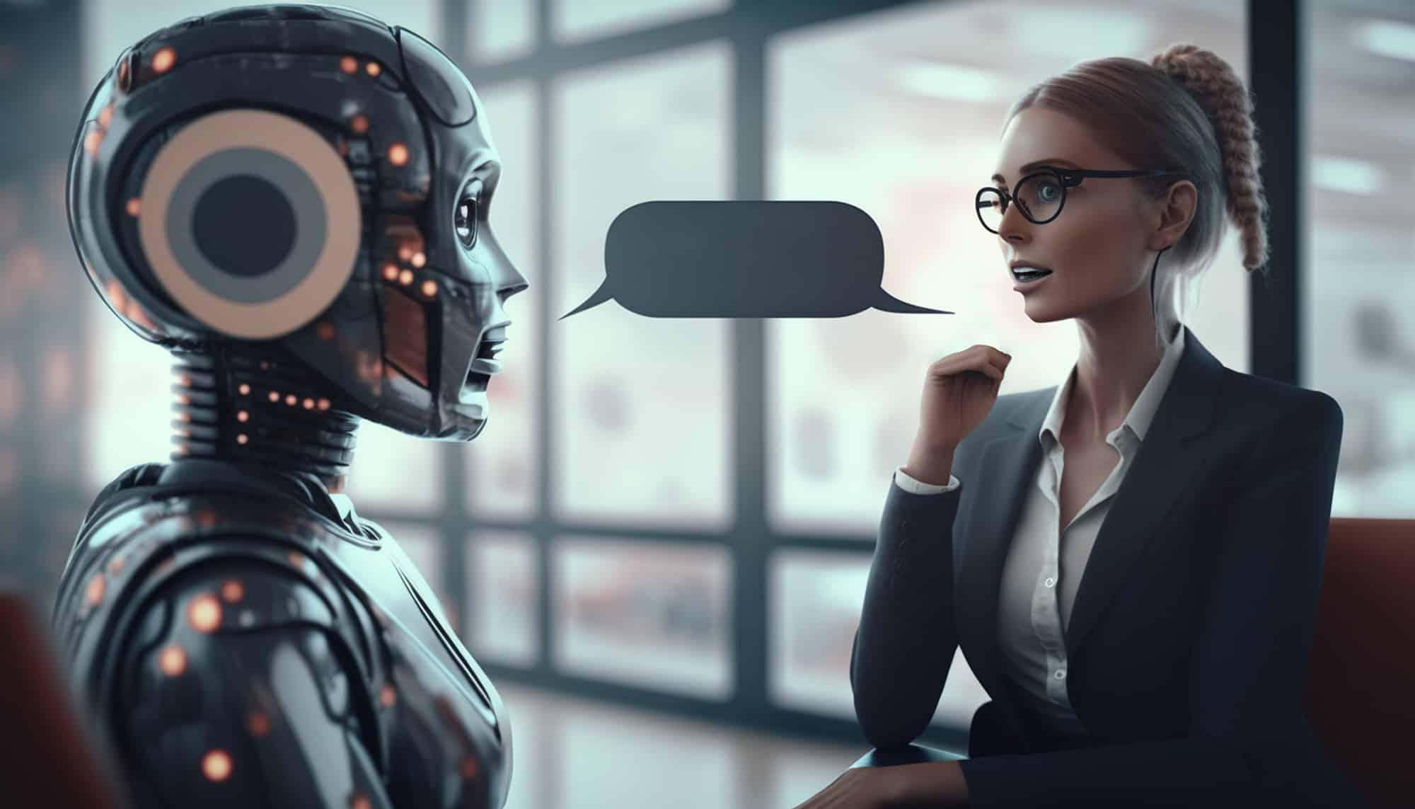 robot with speech bubble that says robot woman talking him The Storm is Here - 22 Trends That May Have Major Impacts On Your Work & Life AI + Machine Learning, Business, Digital Culture, Digital Workspace, Finance, Insights, Management, Marketing, MR Mixed Reality, Personal Finance, Platforms, Process Optimization, VR Virtual Reality