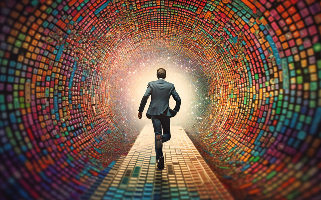 Man running into color with multicolored tiles wrapping around