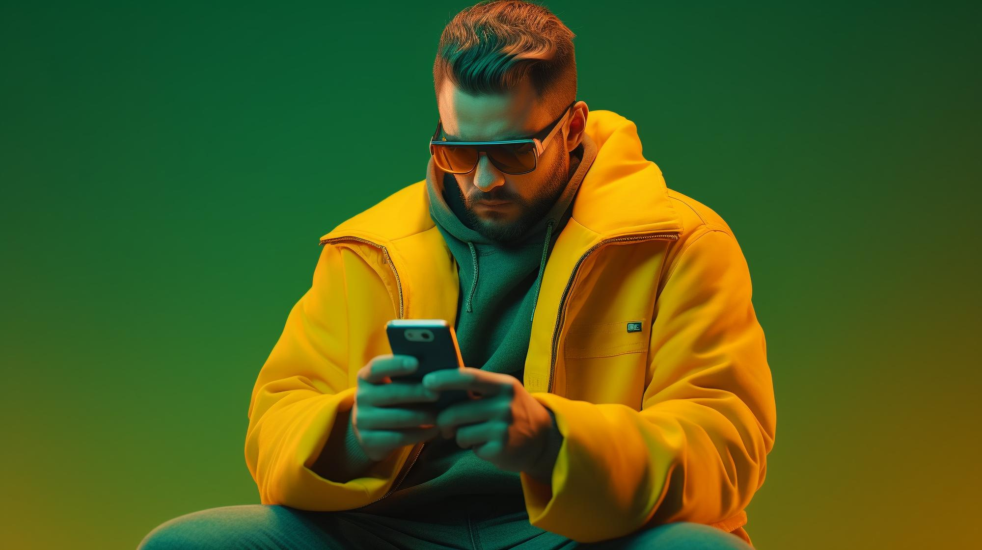 man in jacket and 80's sunglasses sitting and looking at phone