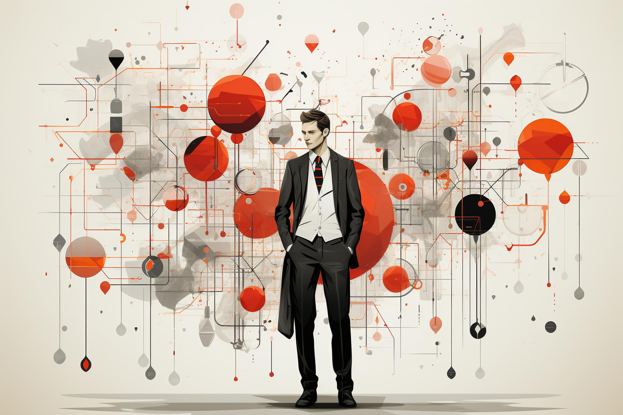 illustration of well dressed man surrounded by abstract red shapes