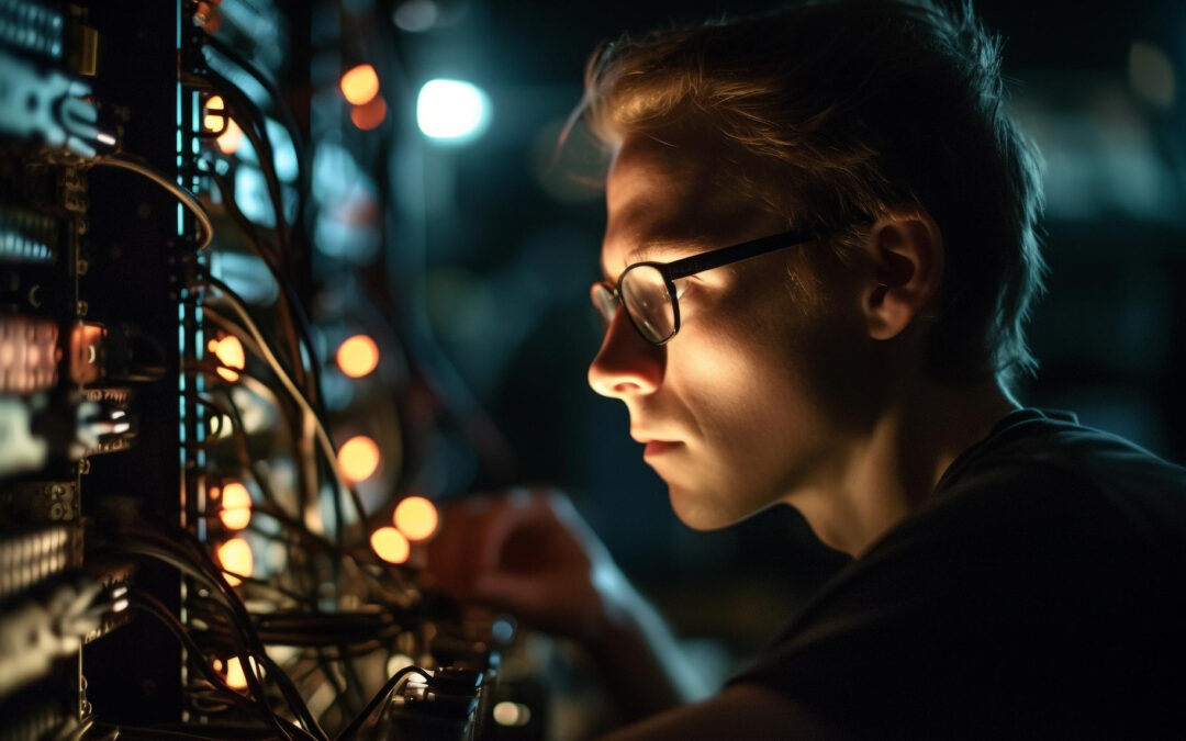 young man with glasses staring at server rack lit by LEDs from server