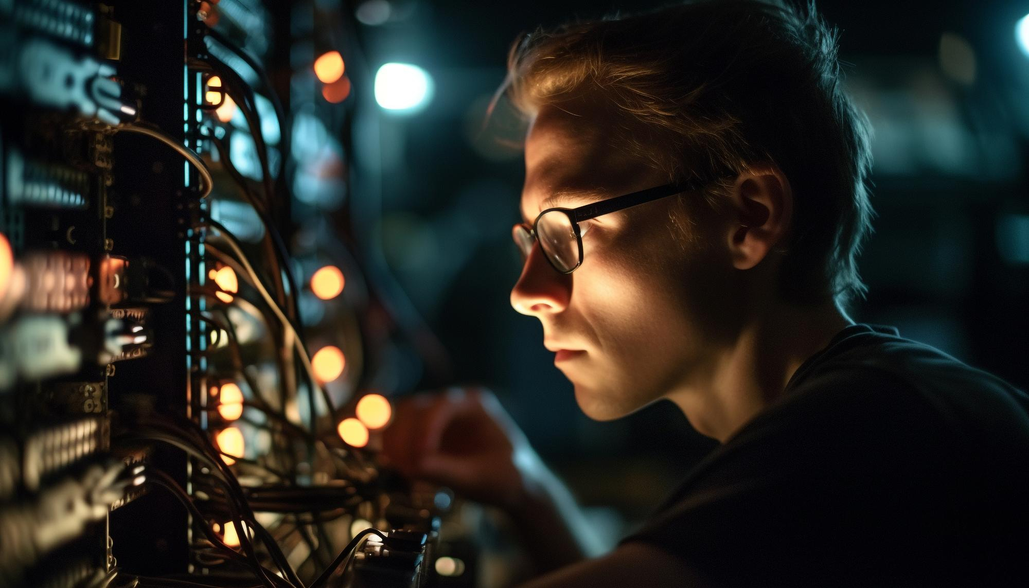 young man with glasses staring at server rack lit by LEDs from server