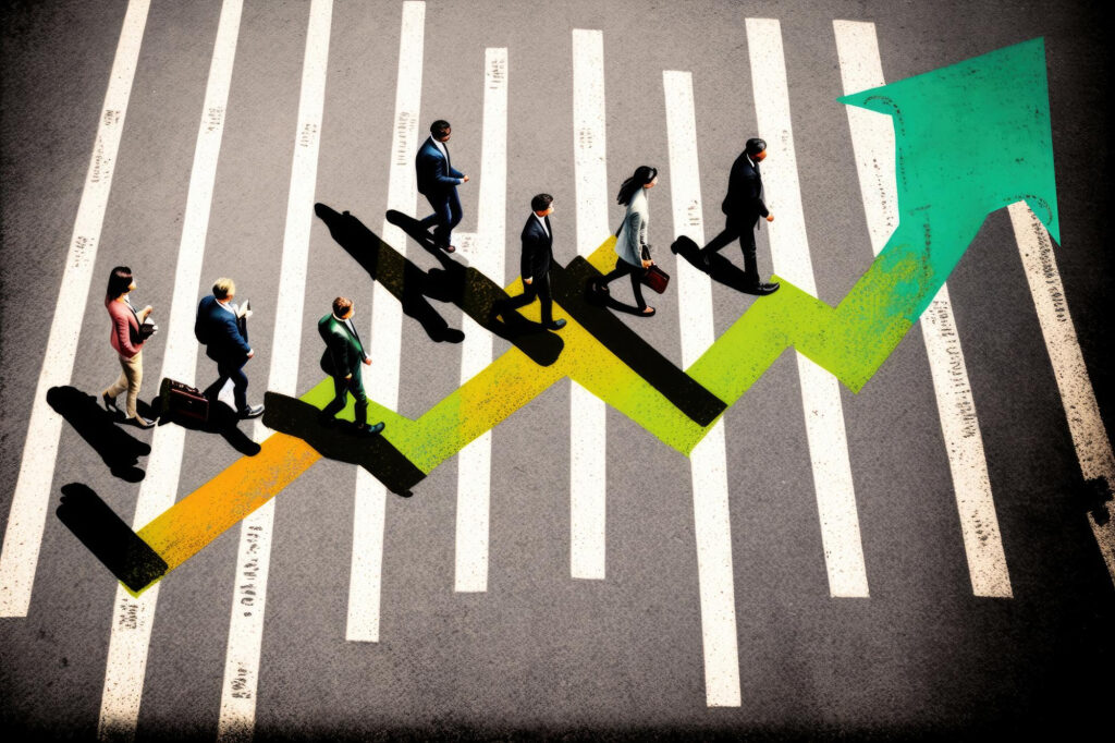 ai generated illustration businessman crosses road pedestrian crossing with arrow pointing up Cracking the Marketing Code: How Not to Get Played by Agencies Knowledge Management, Advertising, Digital Asset Management, Marketing