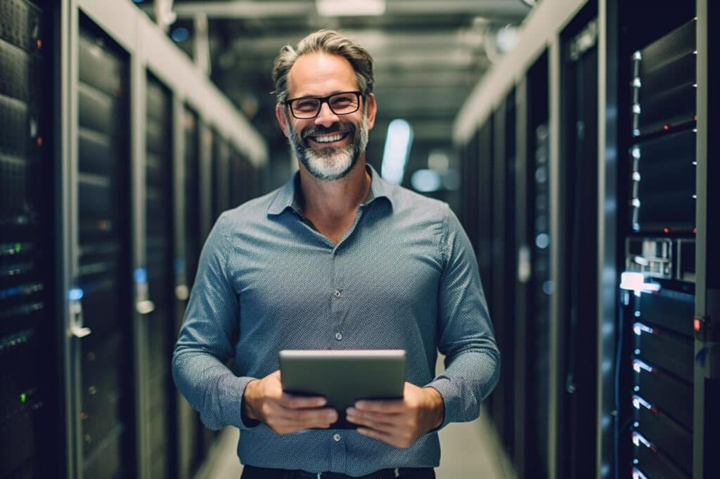 ai generative man entrepreneur holds tablet smile face that is standing server room Cracking the Marketing Code: How Not to Get Played by Agencies Knowledge Management, Advertising, Digital Asset Management, Marketing