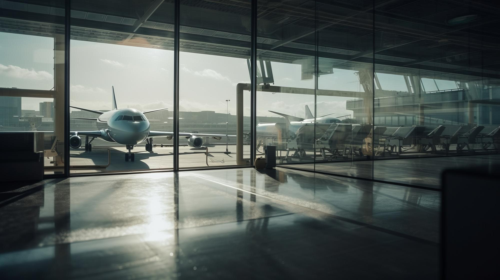 boarding area with glass window planes al generated California Airports Council