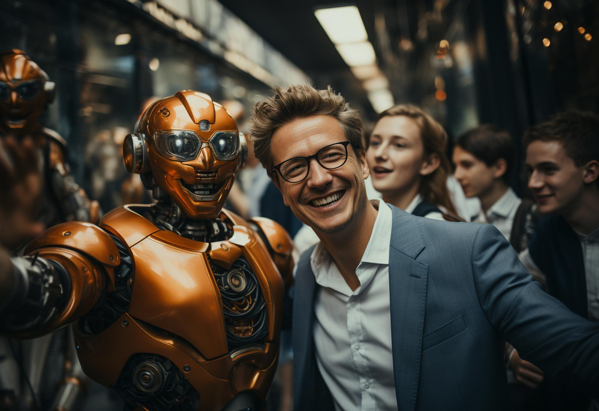 business man and suit smiling with robot in a photo