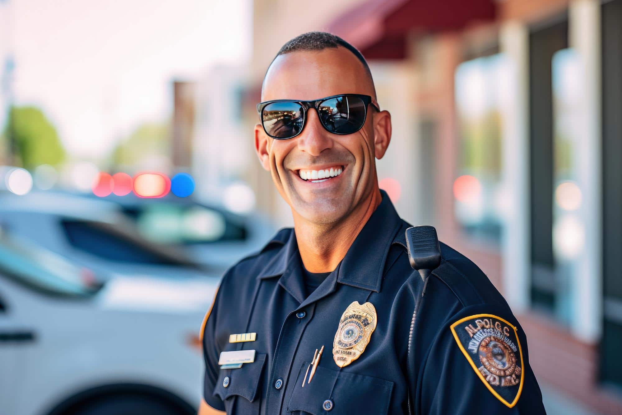 close up smiling american policeman street city with his uniform NPFBA Police & Firefighter Association