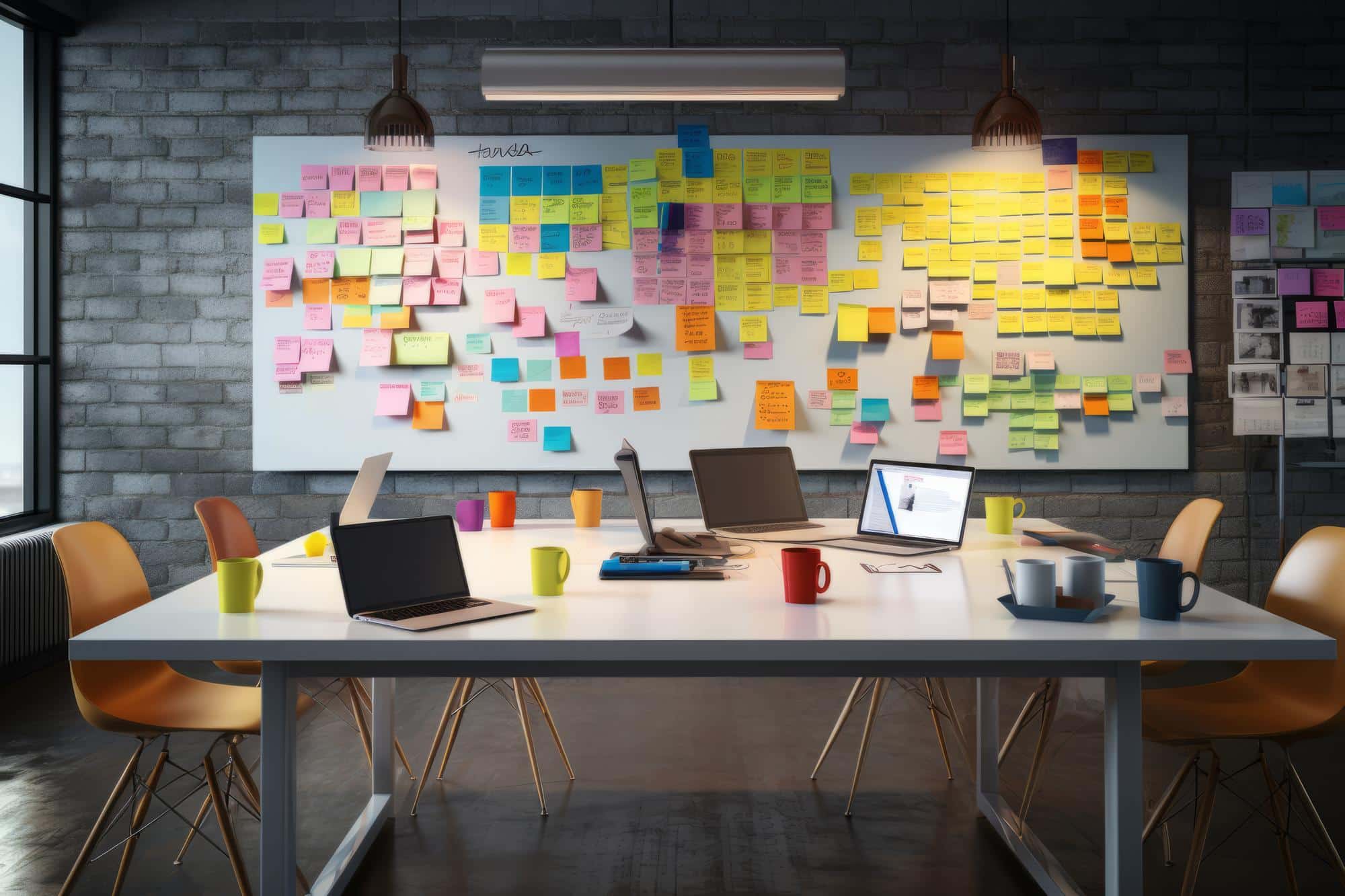 large conference table and workspace with whiteboard covered in post-its and laptop