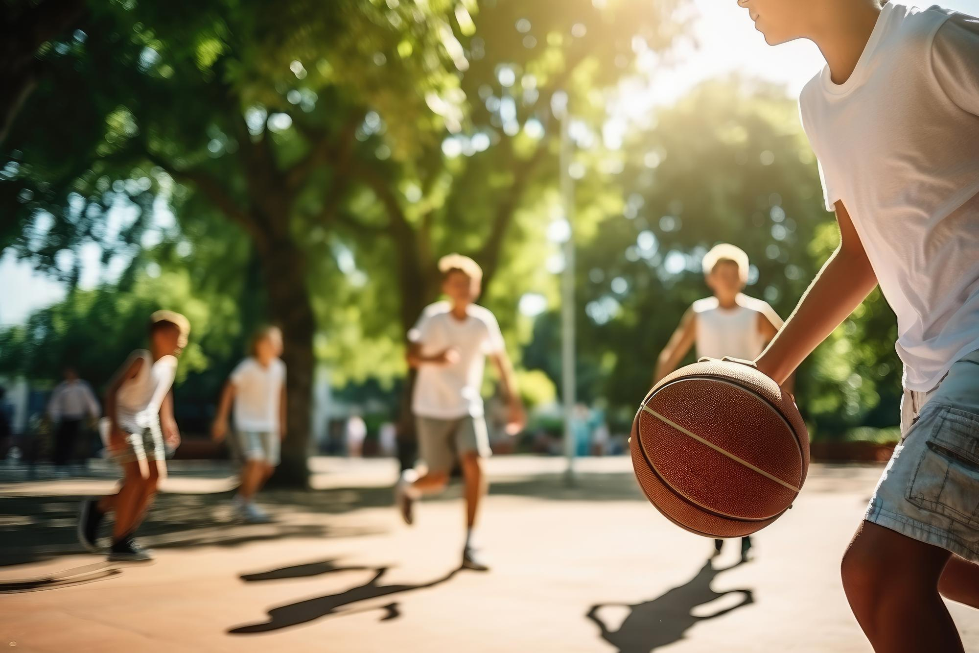 kids having fun outside basketball court Mather Sports Village MSV