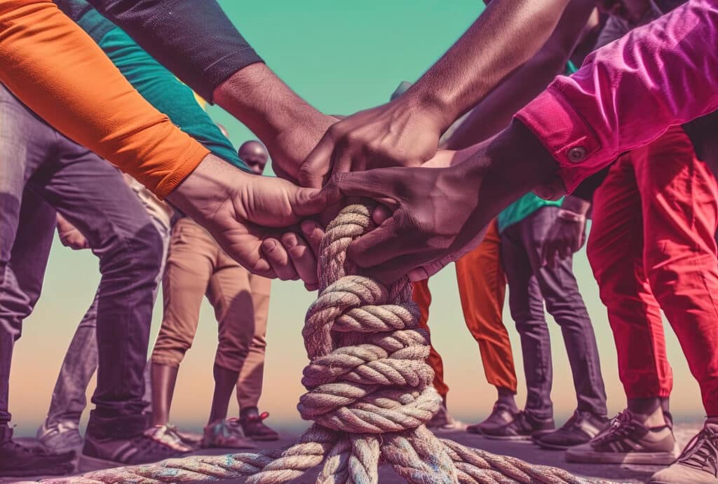 men hold hands group while using rope style vibrant color contrasts Cracking the Marketing Code: How Not to Get Played by Agencies Knowledge Management, Advertising, Digital Asset Management, Marketing