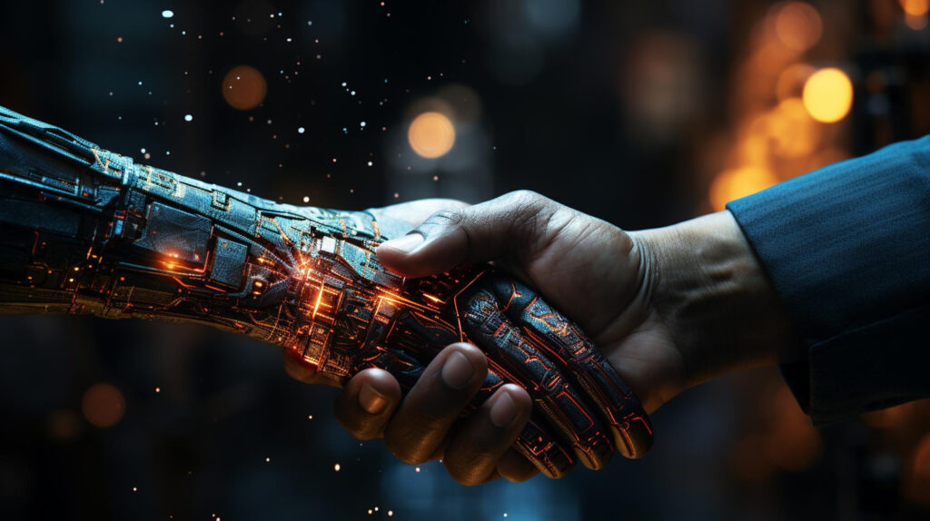 digital robot handshake human hand generative ai When ChatGPT Goes Dark: 5 Ways to Keep Your AI Ops Running Independently AI + Machine Learning, Digital Workspace, Going Digital, Innovation, Insights, Integrated Communications, Knowledge Management, Management, Methodologies, Project Management, Strategy